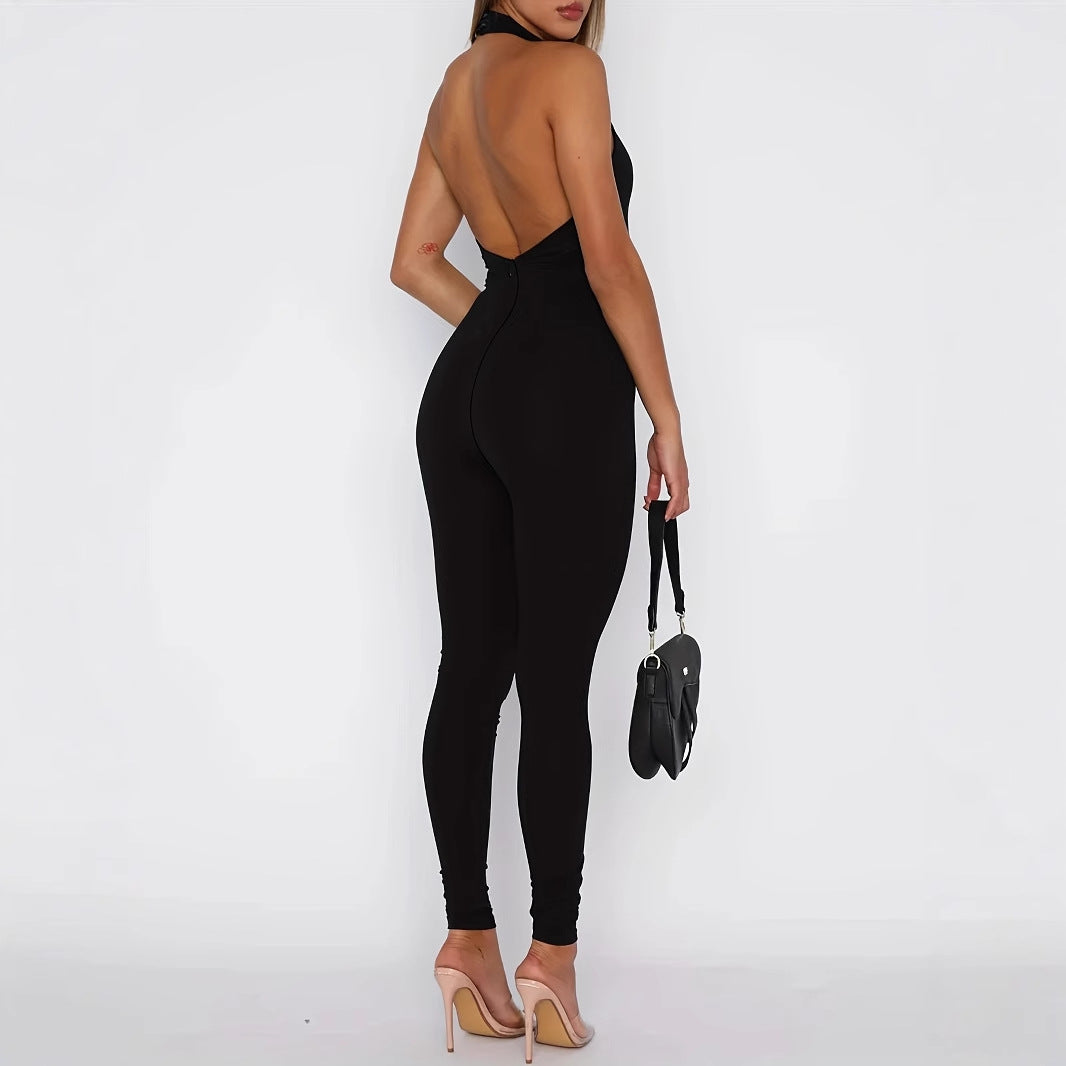 Women's Pure Color Halter Backless Jumpsuit – Sexy & Elegant